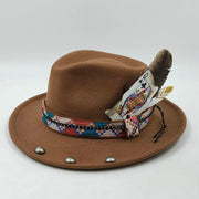 Retro Feather Fedoras Felt Wide Brim Jazz Cap