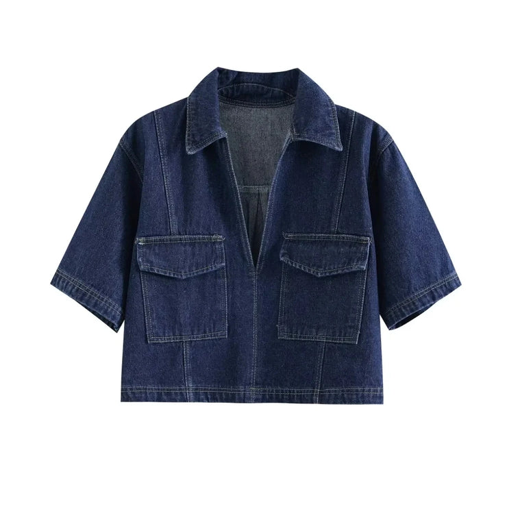 Women's Short Flip Collar Slim fit denim Top Asymmetric Denim