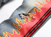 Embroidered Stretch Graffiti Print Ripped Jeans