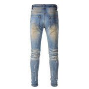 New Distressed Retro Hot Drill Splashed Ink Patchwork Slim Fit Jeans