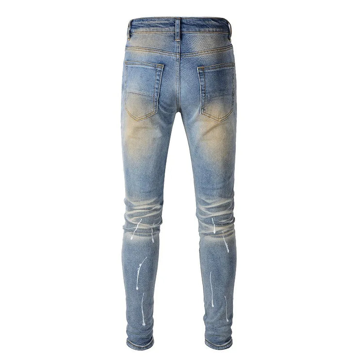 New Distressed Retro Hot Drill Splashed Ink Patchwork Slim Fit Jeans