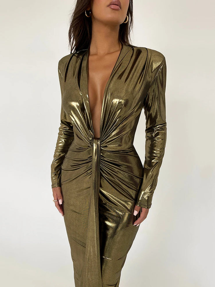 Articat Sexy Deep V Long Sleeve Lace Up Pleated Dress