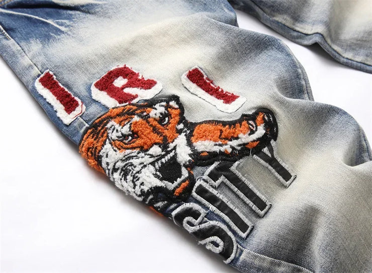 Designer Embroidered Hollow Letter Elastic Mid Rise Denim