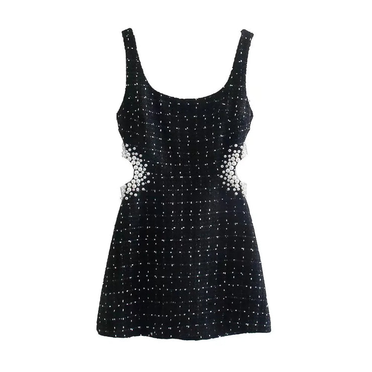 Women's Textured Sleeveless Faux Pearls Short Dress