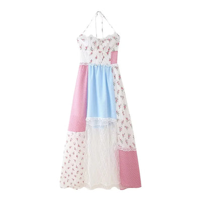 European niche hanging neck floral lace patchwork dress