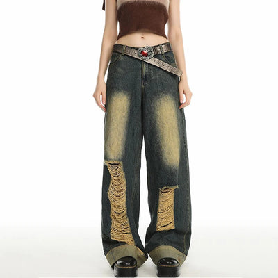 High Street Vintage Distressed Washed Hole Fashion Denim