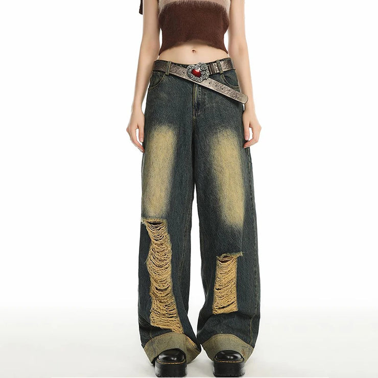 High Street Vintage Distressed Washed Hole Fashion Denim