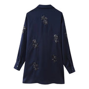 New Lace up Silk Satin Texture Suit Collar Coat Straight Leg Trouser Set