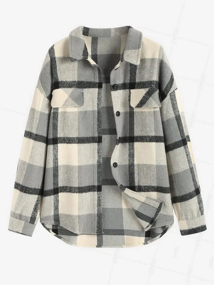 ZAFUL VINTAGE PLAID PATTERN SINGLE BREASTED WOOL BLEND SHIRT