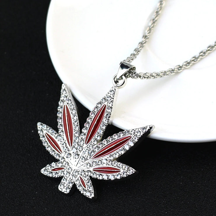 Rhinestone Weed Pendant Necklace