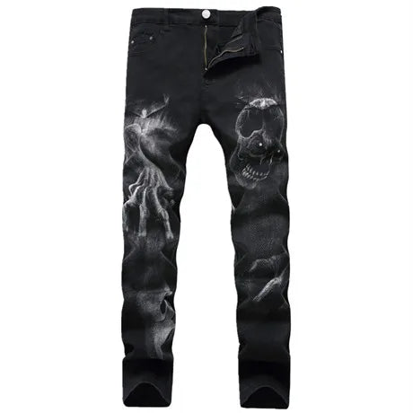 Black Wolf Pattern Printed Punk Straight denim