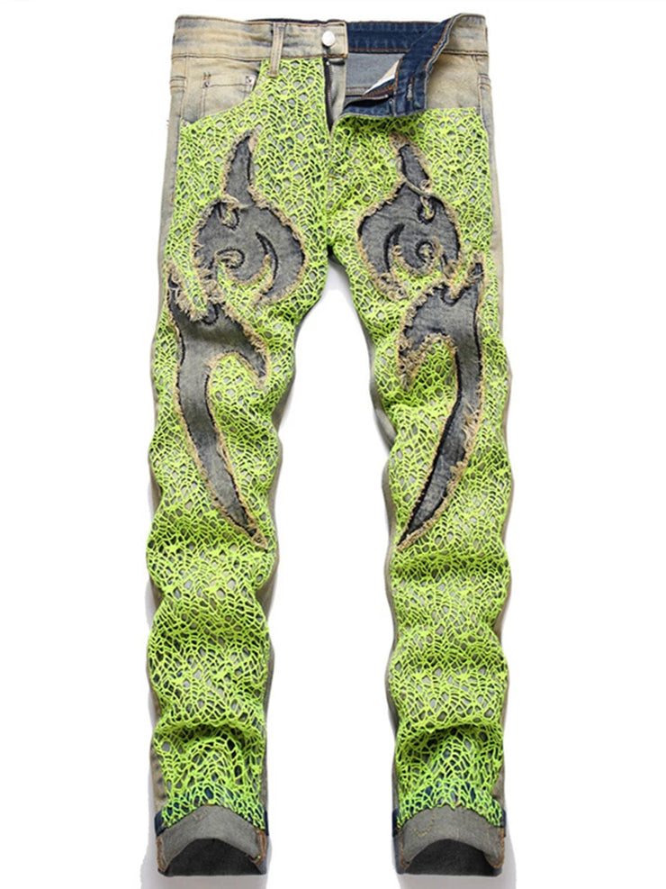 Street Green Spiderweb Embroidered Jeans