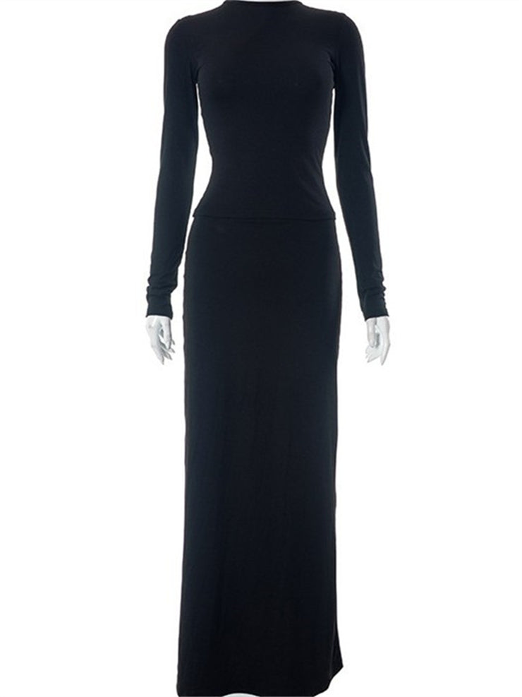 O-NECK LONG SLEEV SPRING TWO PIECE  SET OF SKIRT