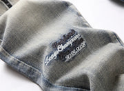 Designer Embroidered Hollow Letter Elastic Mid Rise Denim