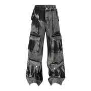 Casual Multi-pocket Washed Bottom Straight jeans