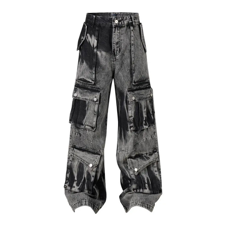 Casual Multi-pocket Washed Bottom Straight jeans