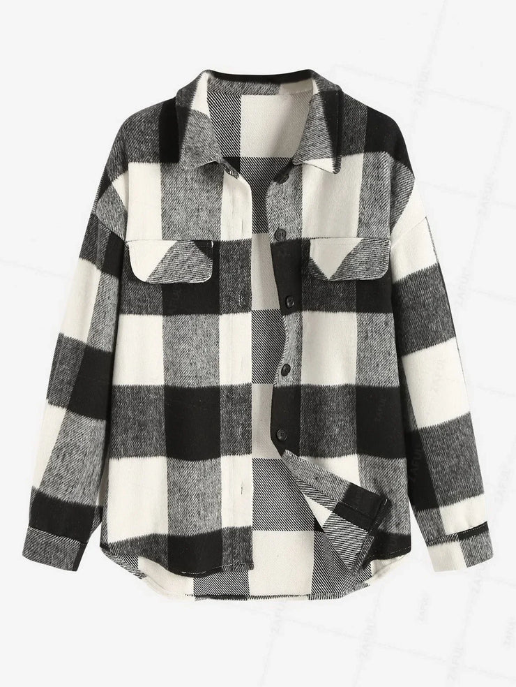 ZAFUL VINTAGE PLAID PATTERN SINGLE BREASTED WOOL BLEND SHIRT