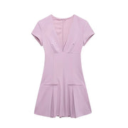women's V-neck short-sleeved waist-cinching skirt