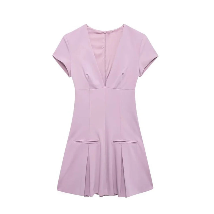 women's V-neck short-sleeved waist-cinching skirt