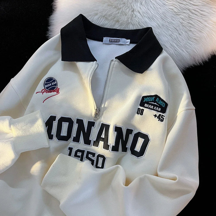 Casual POLO Collar Embroidered Long Sleeve Sweatshirt