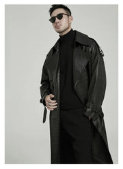 Long Black Crocodile Print Pu Leather Trench Men's coat