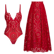 Flower Hollow One Piece Swimsuit--Skirt