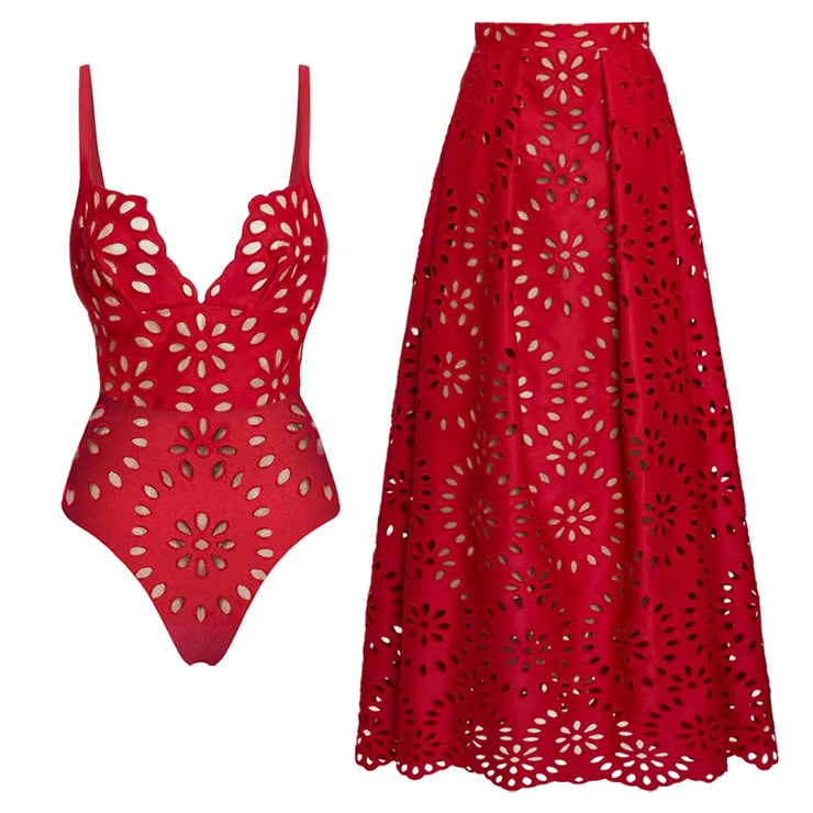 Flower Hollow One Piece Swimsuit--Skirt
