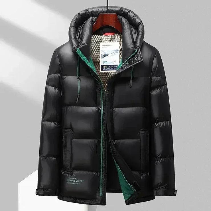 Men's Hooded Down Red Shiny Cold-Resistant Jacket