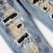 New Distressed Retro Hot Drill Splashed Ink Patchwork Slim Fit Jeans