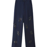 New Lace up Silk Satin Texture Suit Collar Coat Straight Leg Trouser Set