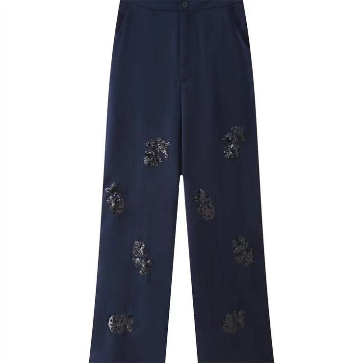 New Lace up Silk Satin Texture Suit Collar Coat Straight Leg Trouser Set
