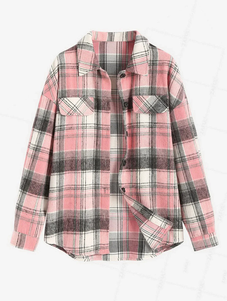 ZAFUL VINTAGE PLAID PATTERN SINGLE BREASTED WOOL BLEND SHIRT