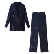 New Lace up Silk Satin Texture Suit Collar Coat Straight Leg Trouser Set