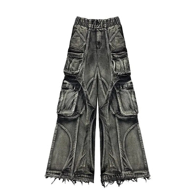 American Vintage Stitching Multi-pocket Heavy Washing Baggy Jeans