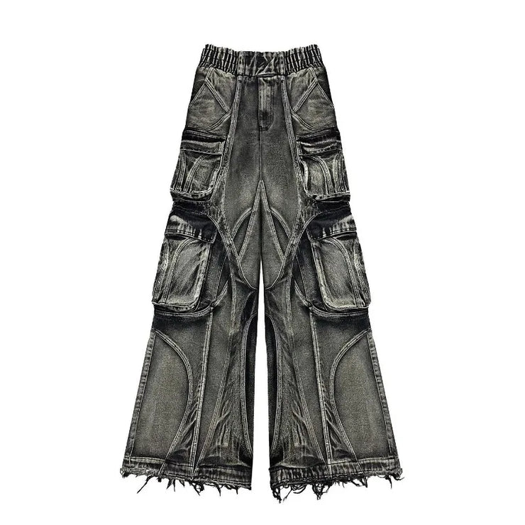 American Vintage Stitching Multi-pocket Heavy Washing Baggy Jeans