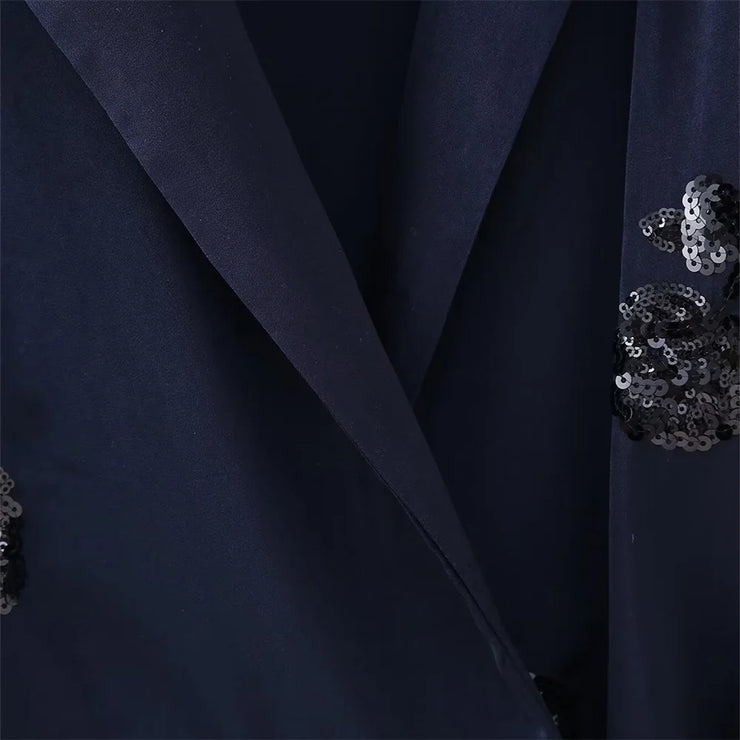 New Lace up Silk Satin Texture Suit Collar Coat Straight Leg Trouser Set