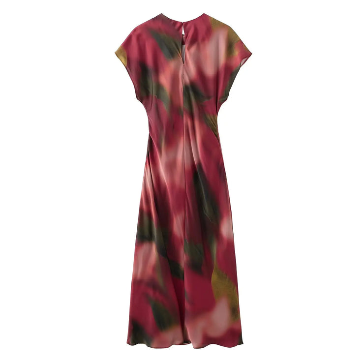 Women's Versatile Silk Satin Texture Printed Midi Dress