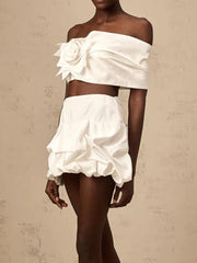 Two Twin Solid Strapless Spliced 3D Flower Two Piece Set