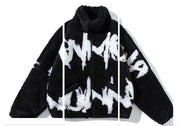 FAUX FUR LETTER PRINTRD STREETWEAR FLEECE  JIPPER COAT