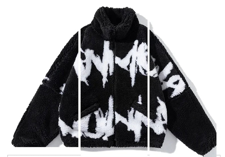 FAUX FUR LETTER PRINTRD STREETWEAR FLEECE  JIPPER COAT