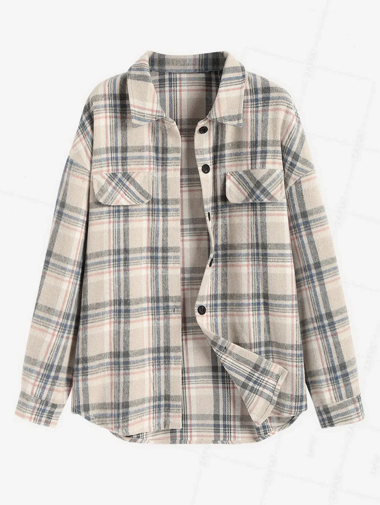 ZAFUL VINTAGE PLAID PATTERN SINGLE BREASTED WOOL BLEND SHIRT