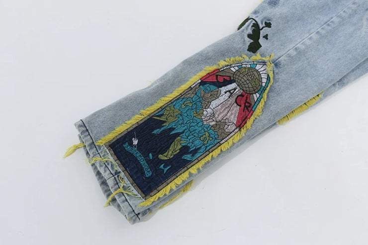 Oil Painting Embroidered Tassel Denim