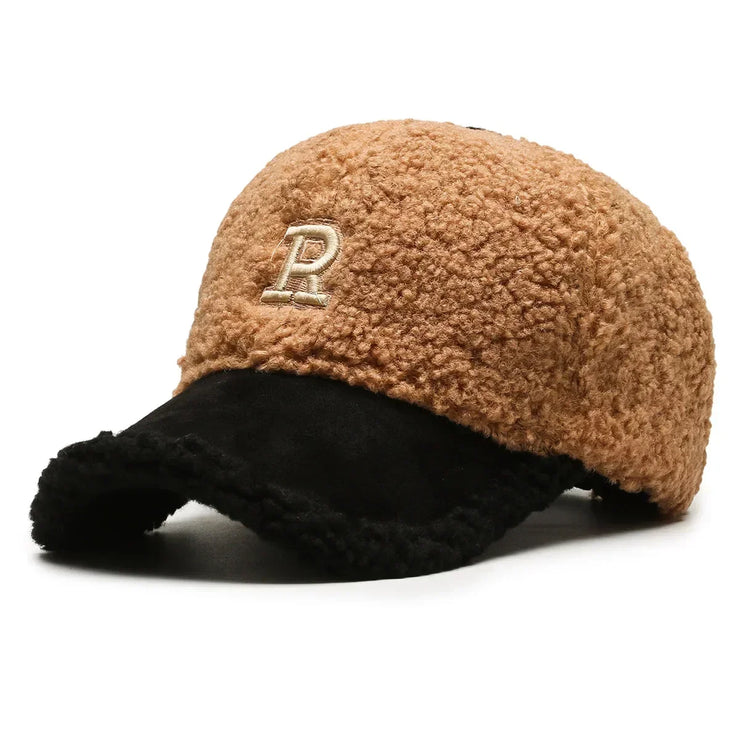 White Brown Lambswool  Warm Plush Trucker Cap