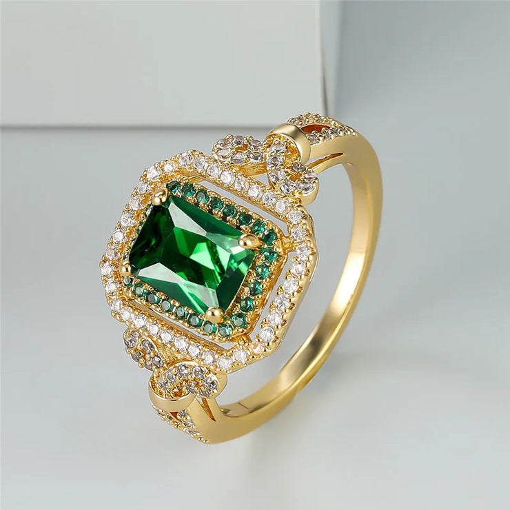 Luxury Crystal Green Zircon Square Stone Ring