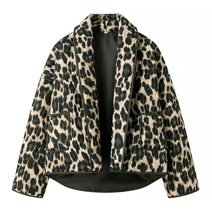 RETRO GREEN BLACK LEOPARD PRINT LAPEL QUILTED COAT