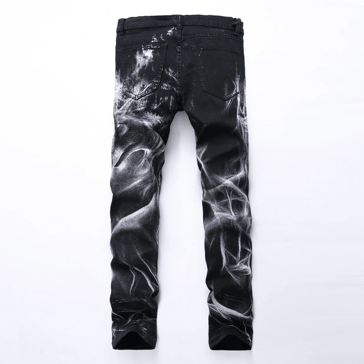Black Wolf Pattern Printed Punk Straight denim