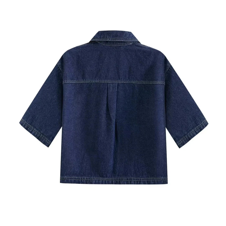 Women's Short Flip Collar Slim fit denim Top Asymmetric Denim