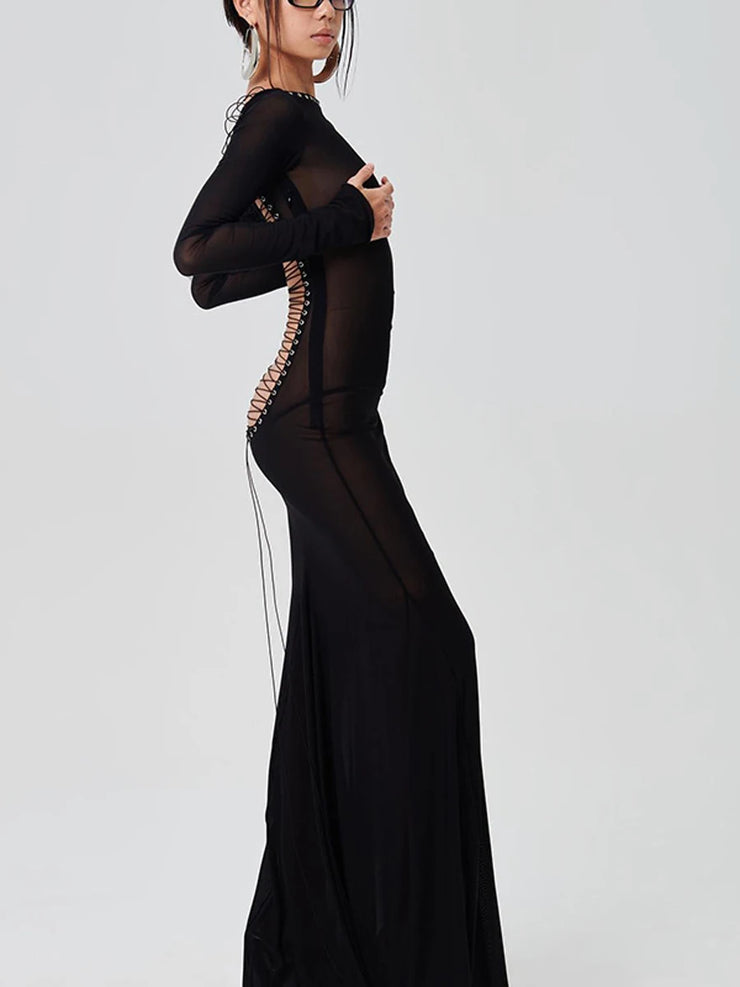 Black Long Lace Up Transparent Dress