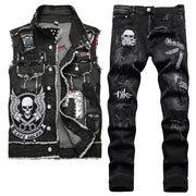 streetwear Black Skull Embroidered two Piece Men's Sets