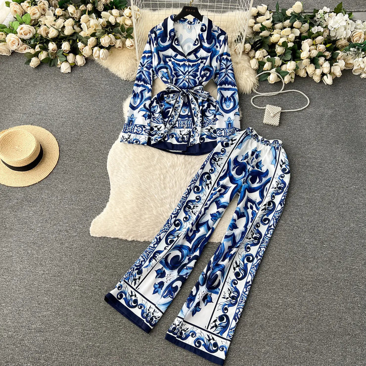 HIGH QUALITY TWO-PIECE NOTCHED COLLAR PORCELAIN PRINTED DRESS